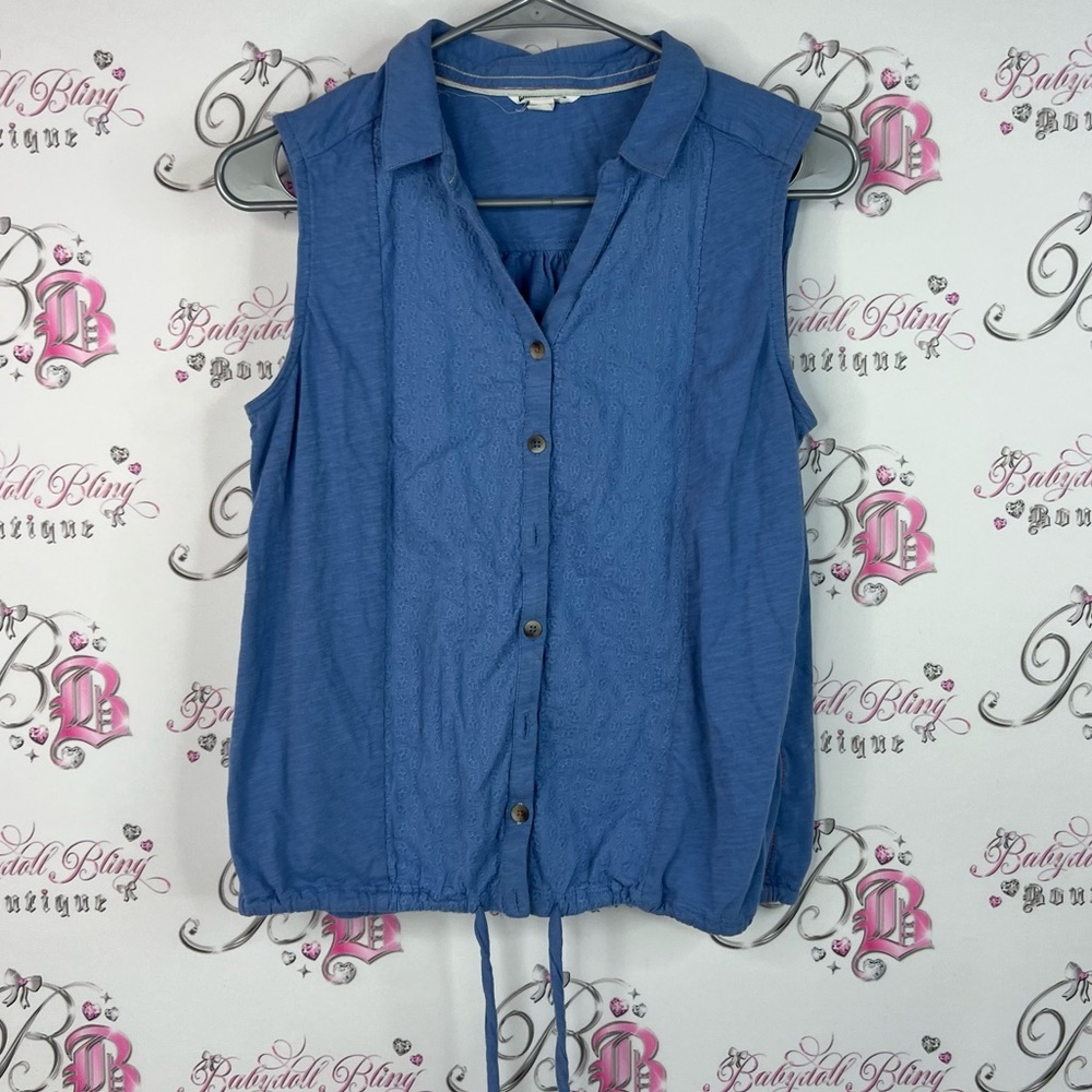 White stuff button up shirt crochet detail Blue Button-Down Sleeveless Top